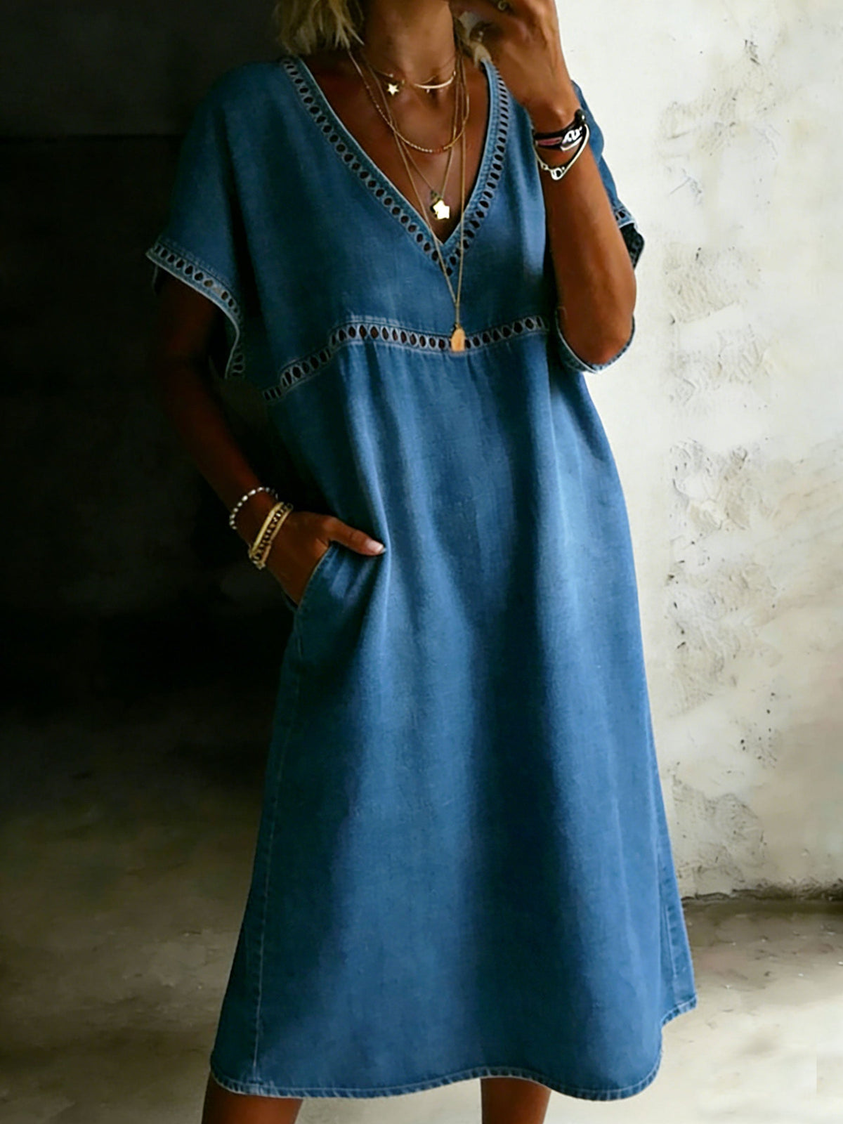Solid Color Casual V-Neck Denim Pocket Dress