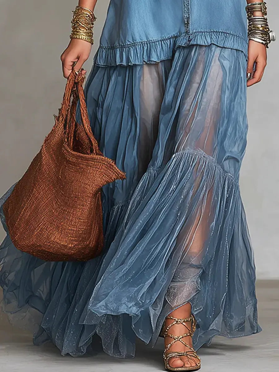 Retro Lapel Denim Organza Patchwork Art Casual Maxi Dress