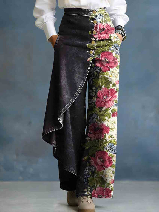 Vintage Floral Patchwork Art Stylish Design High-Waisted Relaxed Fit Wide-Leg Jeans