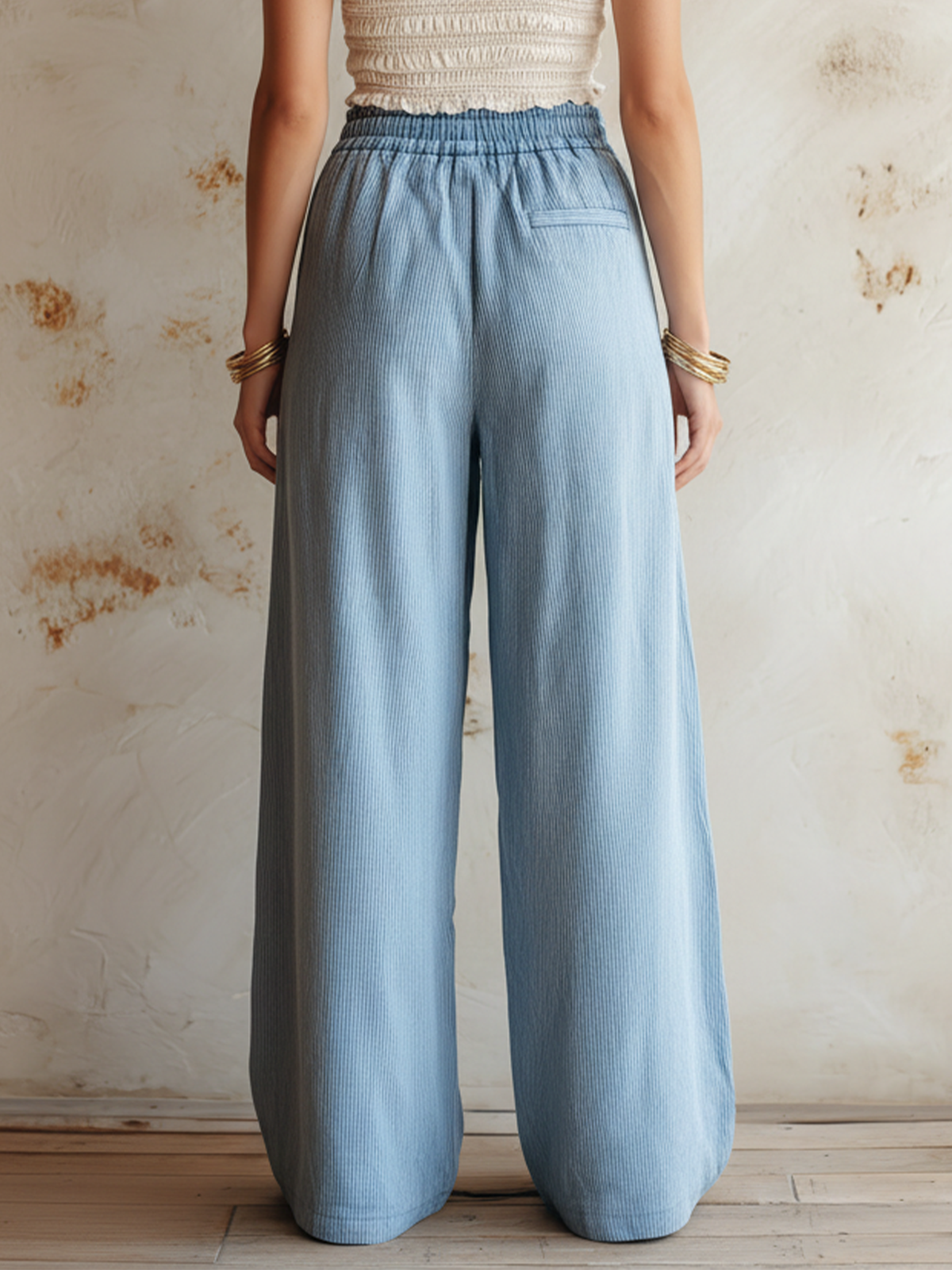 Light Wash Striped Denim High-Waist Wide-Leg Pants with Elastic Waist