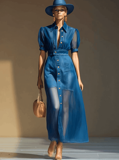 Exquisite Fashionable Front Button V-Neck Short-Sleeved Outer Cover Organza Blue Denim Maxi Dress