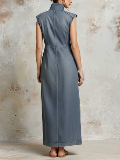 Sleeveless Stand Collar Denim Maxi Dress with Patch Pockets