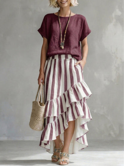 Romantic Striped Top and Ruffled Skirt Cotton-Linen Two-Piece Set