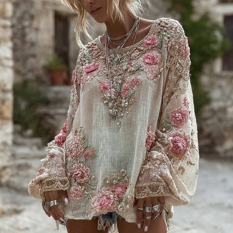 Pink Rose Embroidery Art Round Neck Linen Blend T-Shirt
