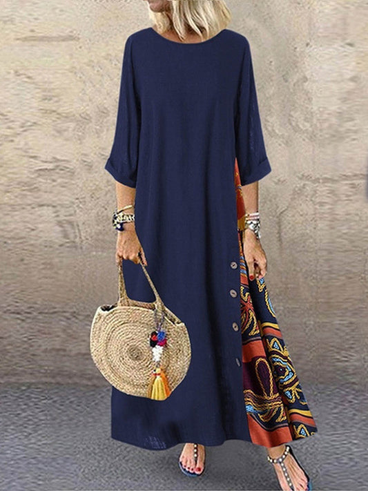 Retro Floral Contrast Button Patchwork Cotton and Linen Casual Dress