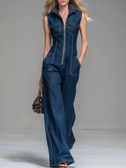 Casual 100% Cotton Zip-Up Denim Jumpsuit