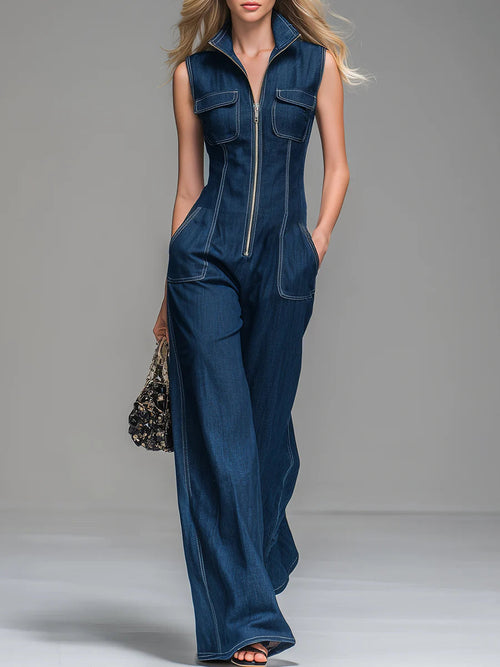 Casual 100% Cotton Zip-Up Denim Jumpsuit