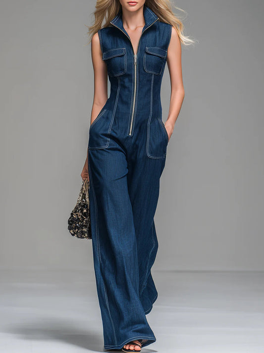 Casual 100% Cotton Zip-Up Denim Jumpsuit