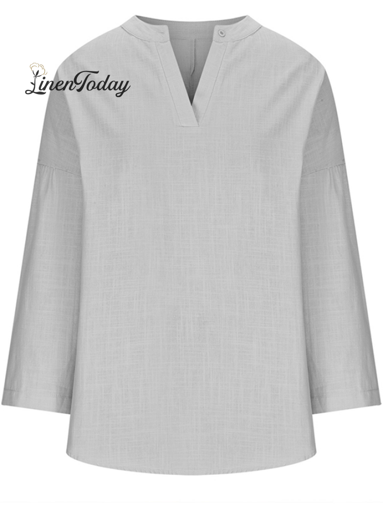 Cotton Long-Sleeve Round Neck Solid Color Loose Beach Shirt