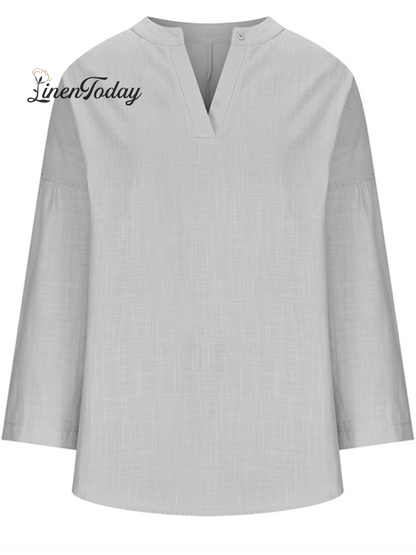 Cotton Long-Sleeve Round Neck Solid Color Loose Beach Shirt