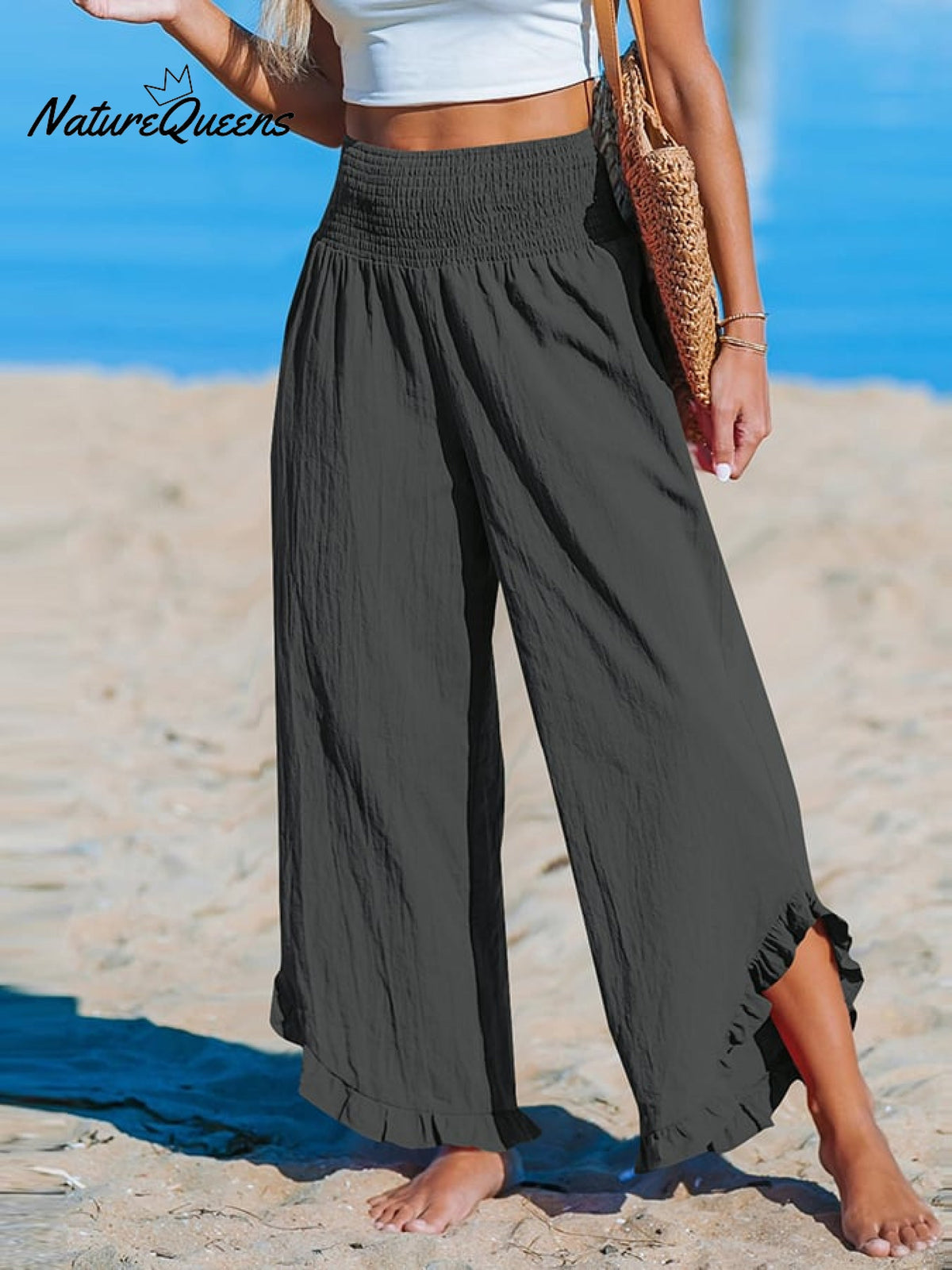 High-Waist Pleated Irregular Hem Cotton and Linen Loose Casual Pants