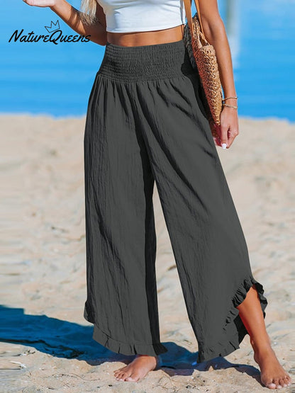 High-Waist Pleated Irregular Hem Cotton and Linen Loose Casual Pants