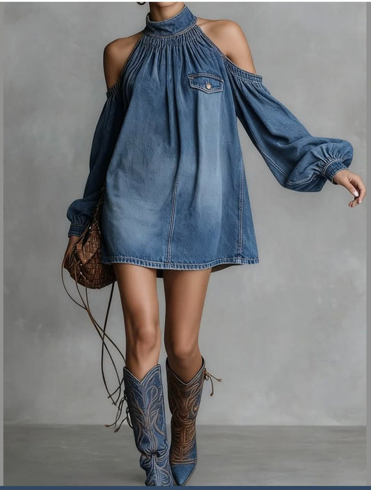 Denim Halter Neck Cold Shoulder Loose Mini Dress