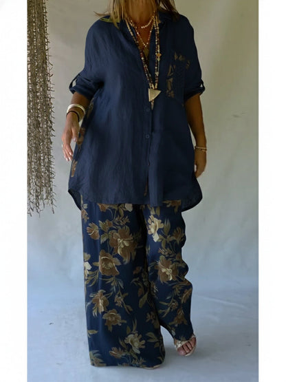 Casual Floral Print Linen and Cotton Shirt and Trousers Two-Piece Set