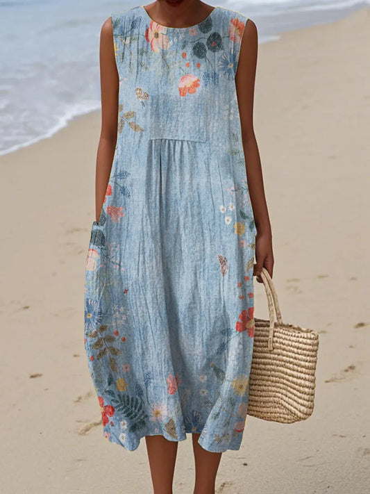 Vintage Floral Pattern Art Print Casual Cotton Dress