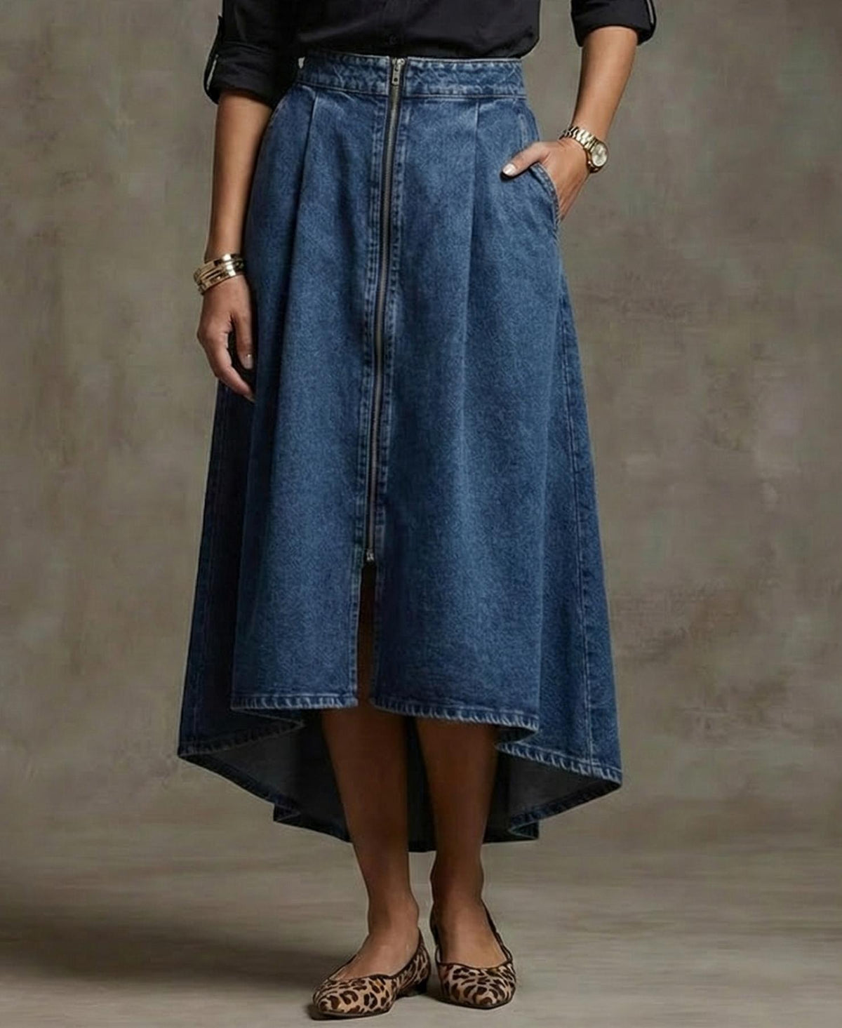 Fashion Elegant Zippered Irregular Hem Denim Skirt