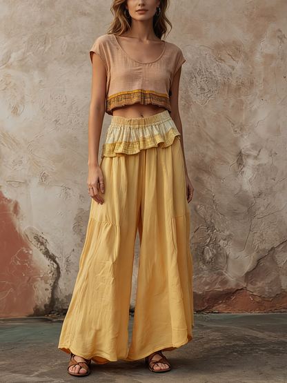 Yellow High Waist Ruffle Trim Wide-Leg Pants