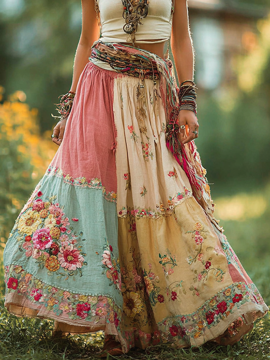 Retro Bohemian Floral Stitching Casual Skirt