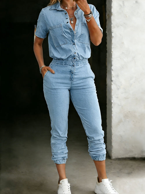 Casual Cotton One Piece Denim Short-Sleeve Jumpsuit