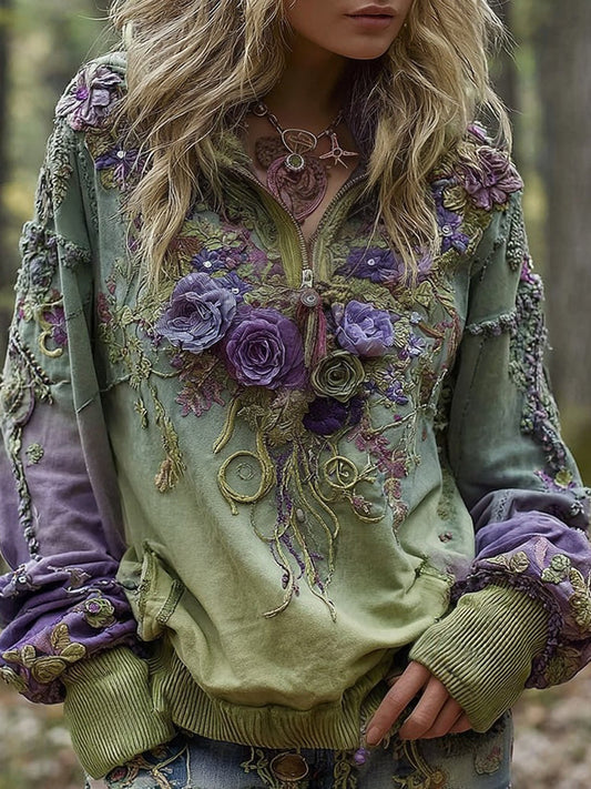 Vintage Floral Embroidery Pattern Warm Zip-Up Sweatshirt