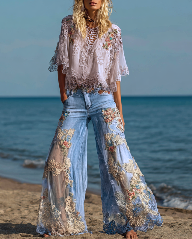 Summer Vacation Floral Embroidered Lace Pants and Top Two-Piece Set Ae54