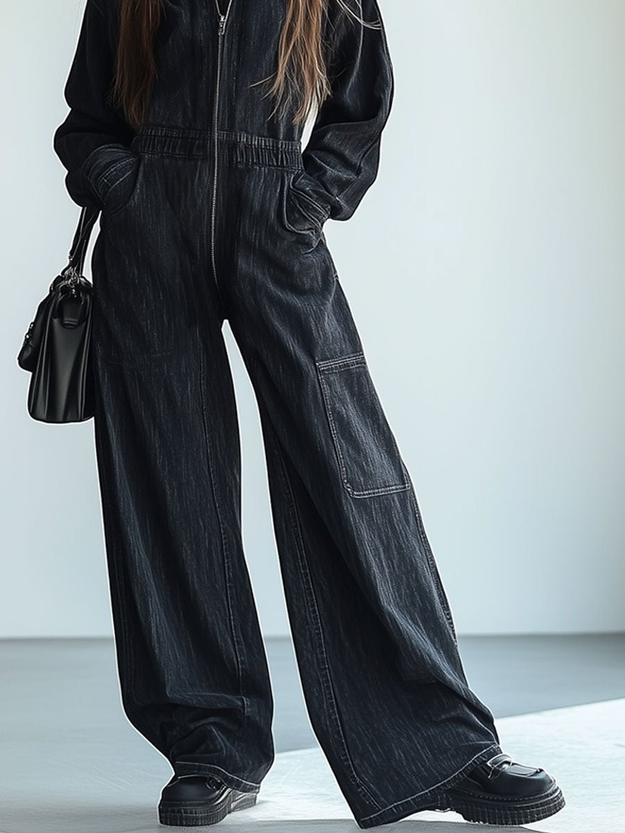 [24-Hour Shipping Out]casual Loose Retro Denim Zipper Elastic Waist Lapel Long-Sleeve Jumpsuit
