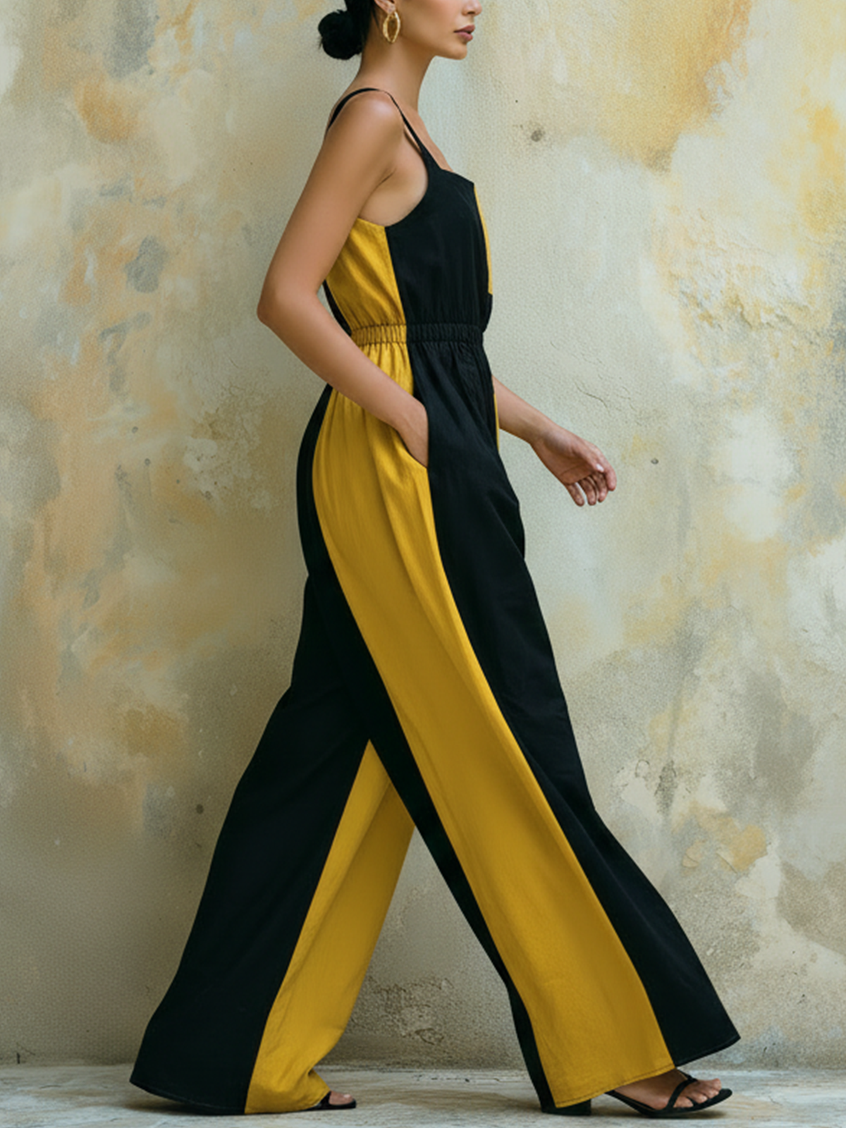Black and Yellow Colorblock Sleeveless Wide-Leg Jumpsuit