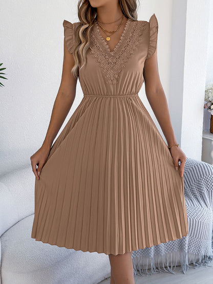 Casual Lace V-Neck Ruffled Pleated Dress