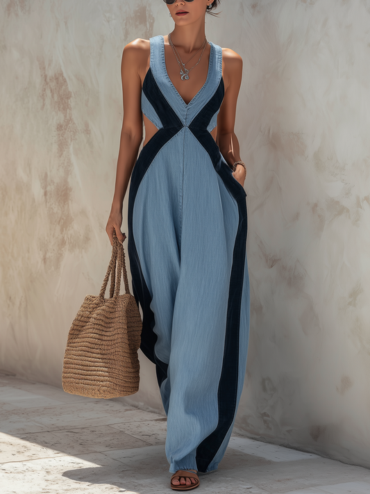 Light Blue Denim Colorblock Backless Wide-Leg Jumpsuit