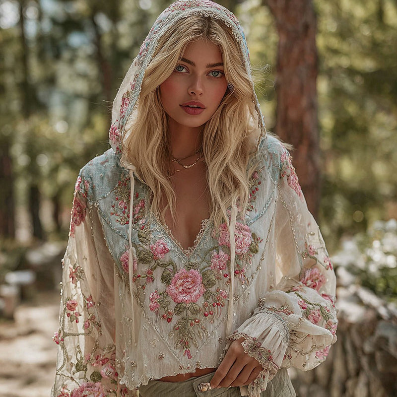 Vintage Floral V-Neck Hoodie
