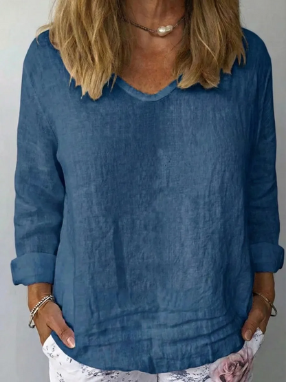 V-Neck Long-Sleeved Cotton and Linen Top