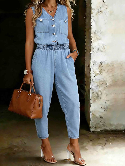 Pocket Sleeveless Denim Jumpsuit