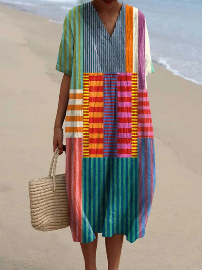 Vintage Geometric Pattern Art Print Cotton Dress