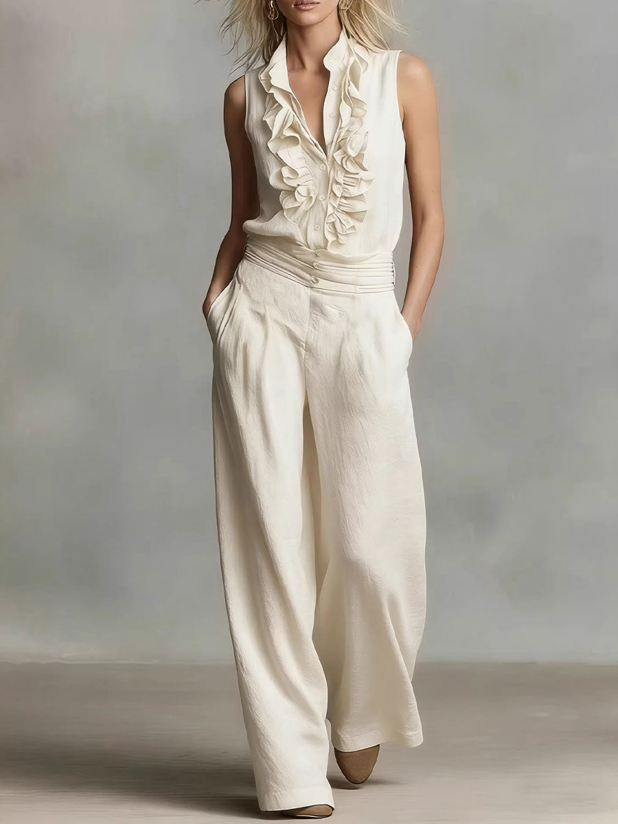 Simple Linen Sleeveless Casual Shirt and Wide-Leg Pants Set