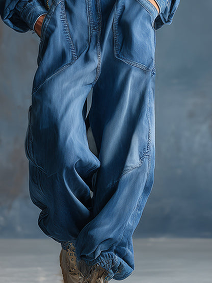 Casual Loose-Fit Hooded Blue Denim Button-Front Long-Sleeved Jumpsuit