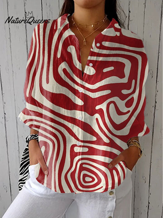 Vintage Abstract Geometric Art Print Casual Linen V-Neck Shirt