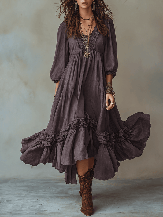 Flowy Vintage Boho Soft Ruffle Hem Tiered Maxi Dress