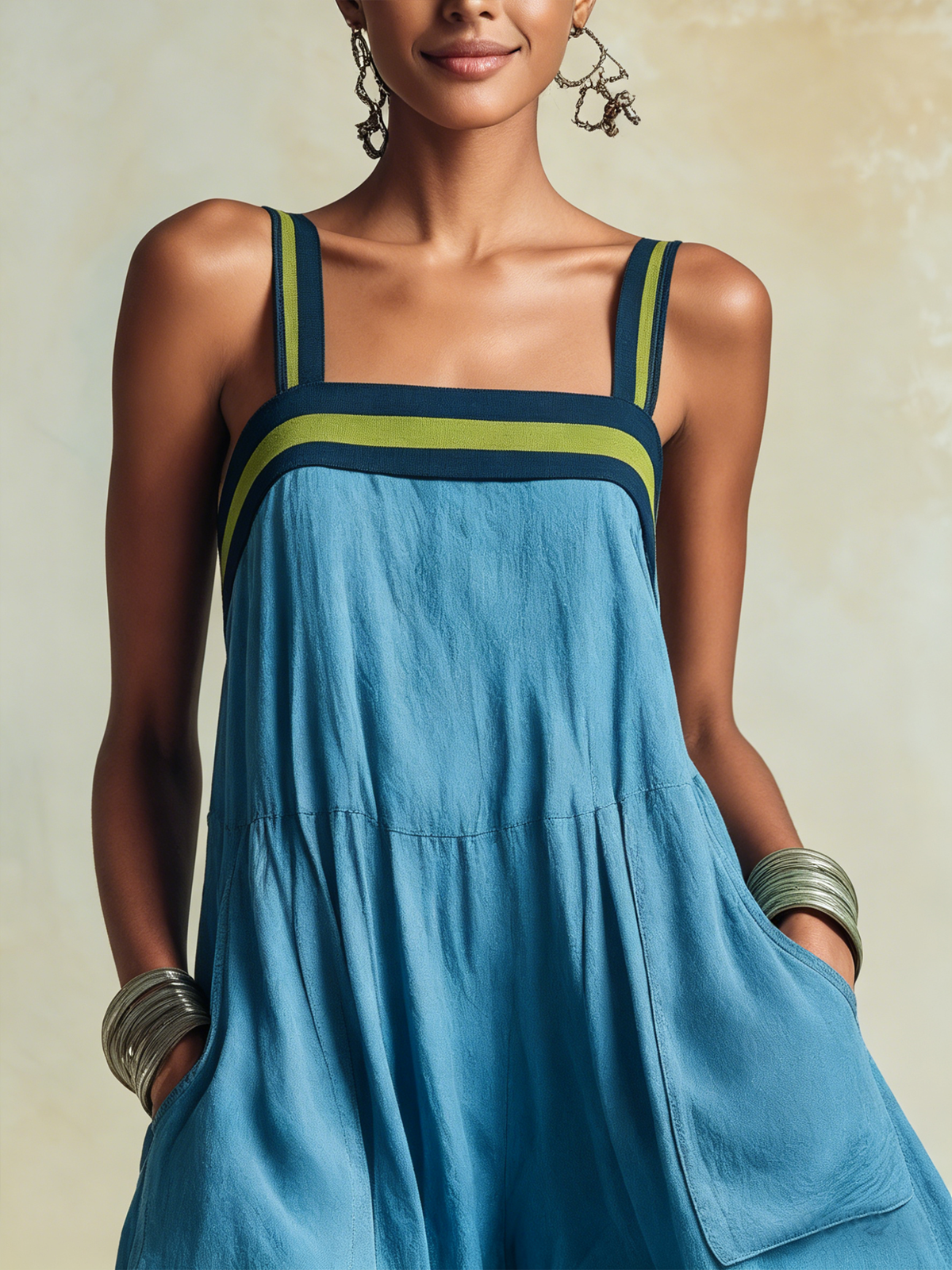 Airy Wide-Leg Tencel Jumpsuit with Bold Colorblock Trim