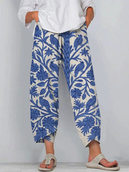 Vintage Floral Art Print Casual Cotton and Linen 3/4-Sleeve Shirt