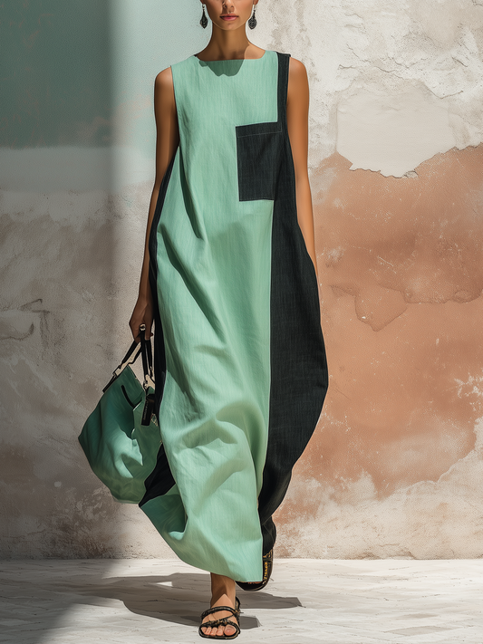 Mint Green and Black Denim Colorblock Sleeveless Maxi Dress