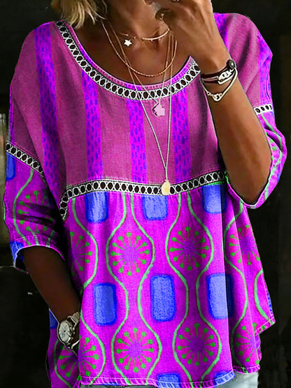 Vintage Abstrct Casual Loose Denim Blouse Shirt