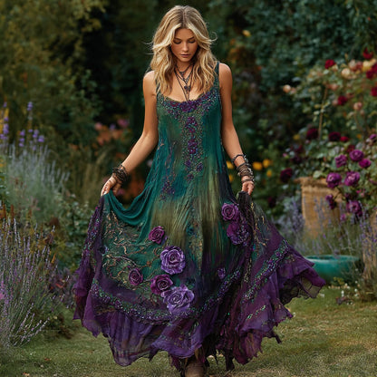 Vintage Floral Embroidered Linen Maxi Dress