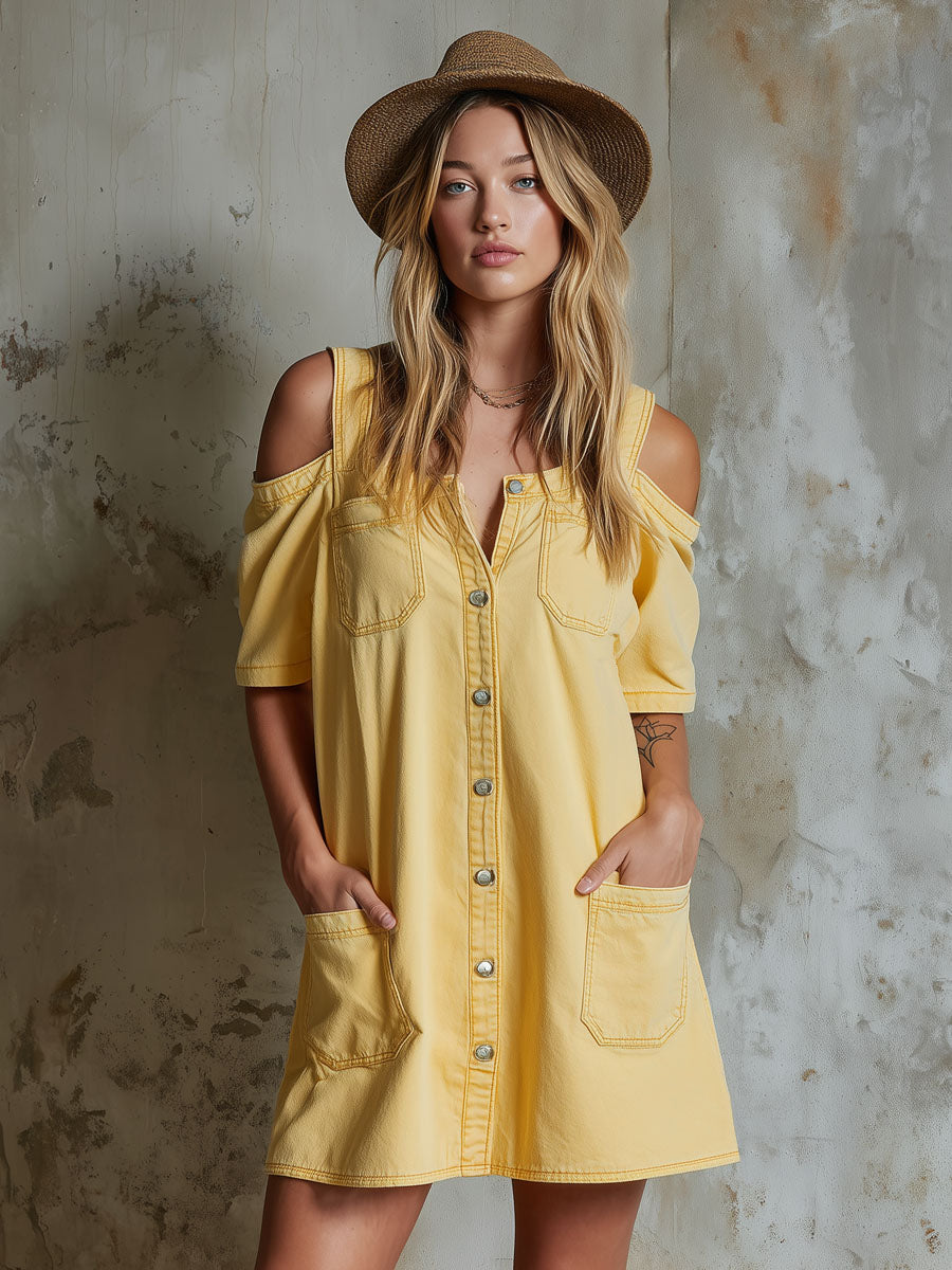 Loose-Fitting Cold-Shoulder Short-Sleeved Single-Breasted Mini Dress