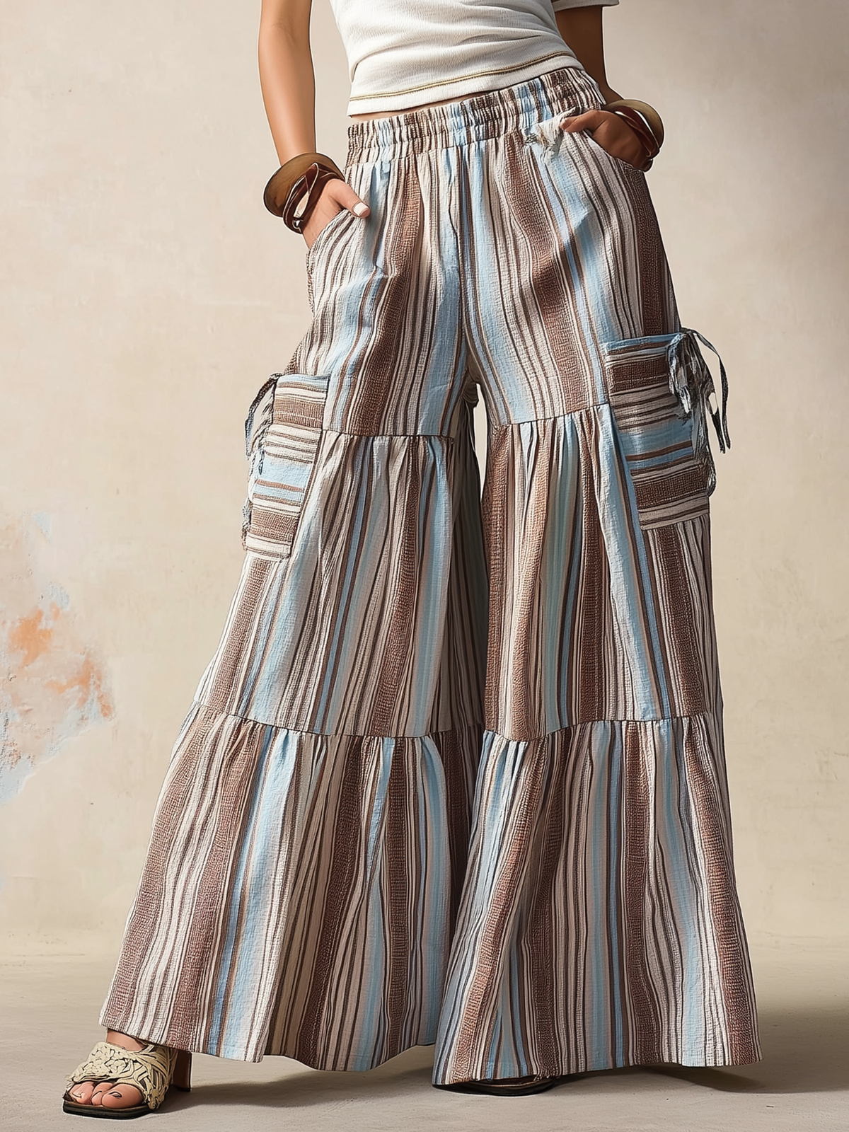 Boho Striped Tiered Wide-Leg Cargo Pants with Pockets