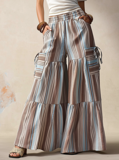 Boho Striped Tiered Wide-Leg Cargo Pants with Pockets