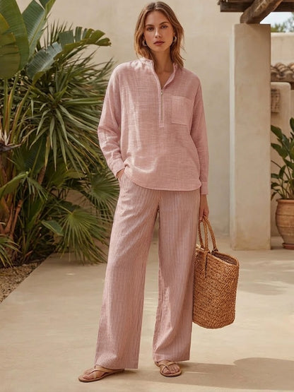 Casual "old Money" Style Two-Piece Set: Half-Zip Linen-Cotton Top and Striped Trousers