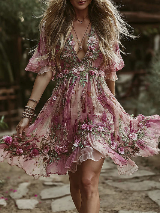 Vintage Rose Floral Embroidery Casual Short-Sleeve Dress