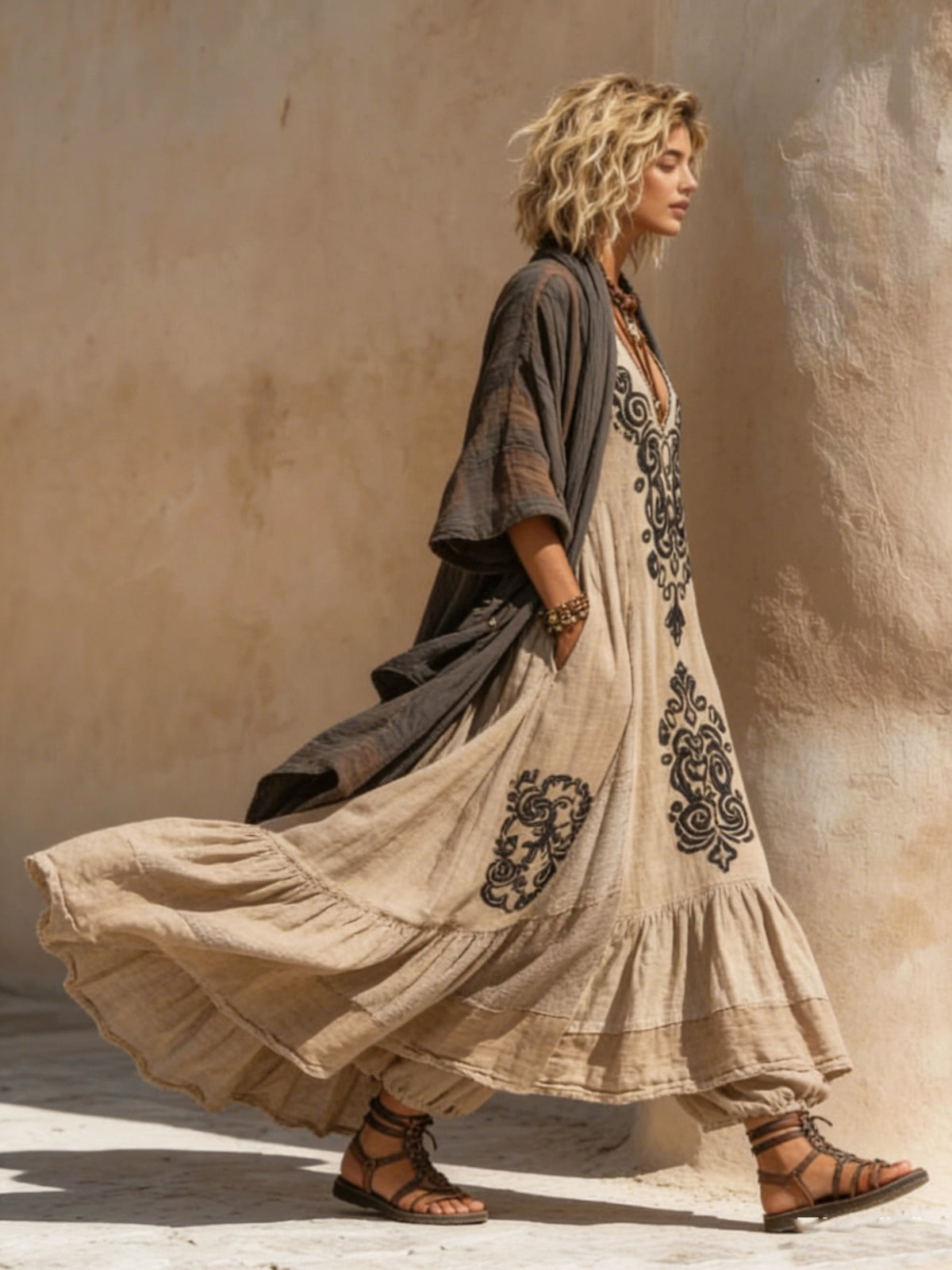 Bohemian-Style Linen-Cotton Two-Piece Set with Vintage Loose Shirt and Dress Ensemble