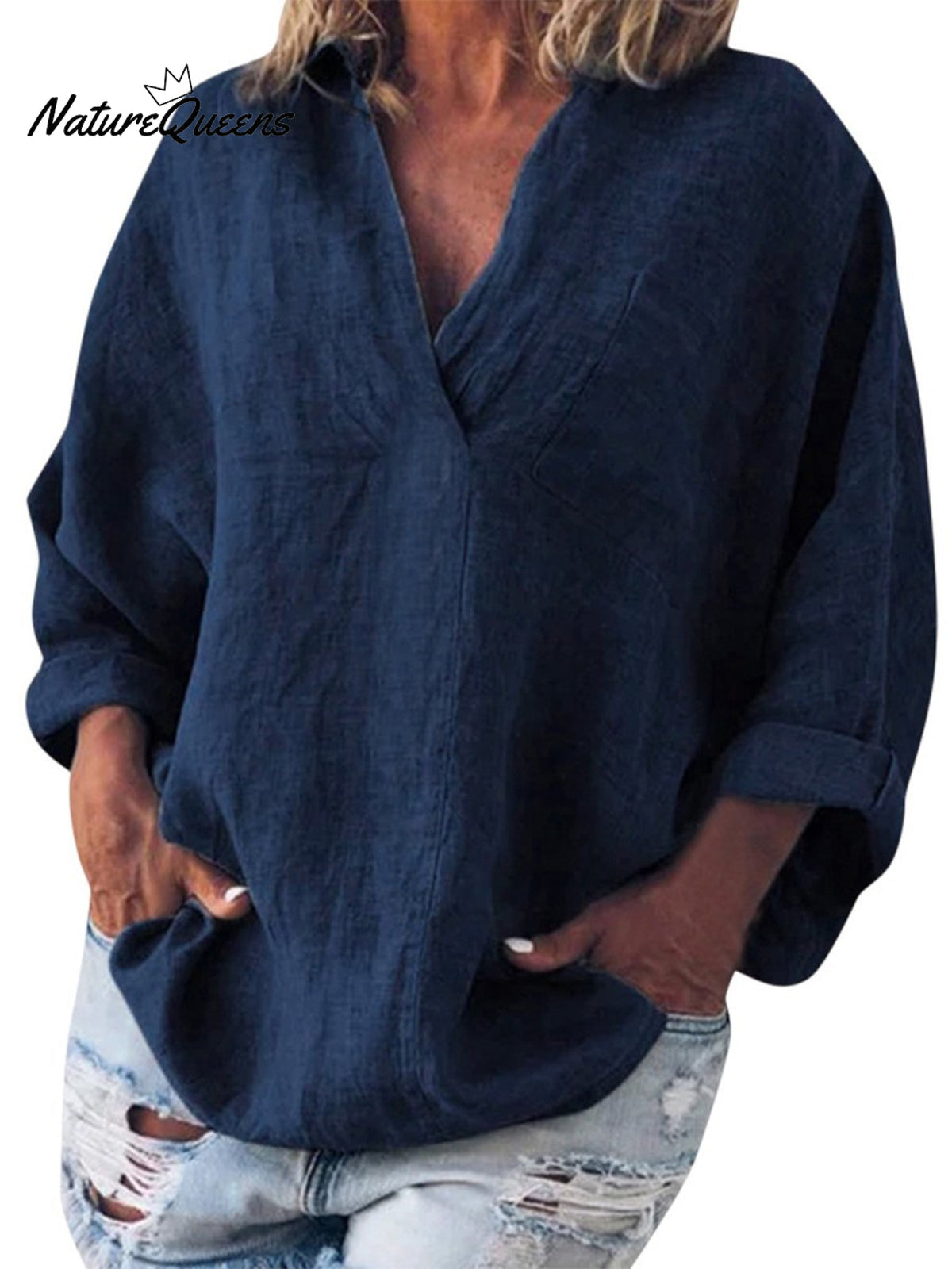 Cotton and Linen V-Neck Long-Sleeved Pullover Top
