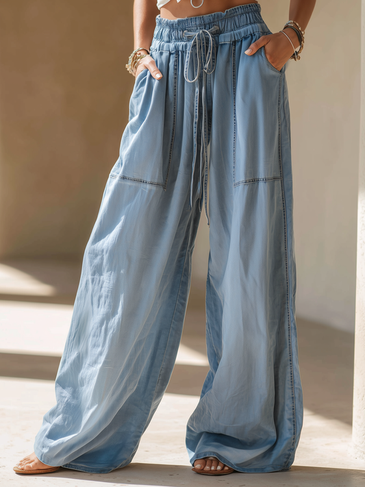 Light Wash Wide-Leg Denim Pants with Drawstring Waist and Patch Pocket Detail